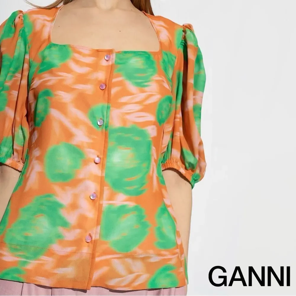 GANNI **NWT** Button-Up Puff Sleeve Crepe Blouse Vibrant Orange / Green Floral - Picture 8 of 16